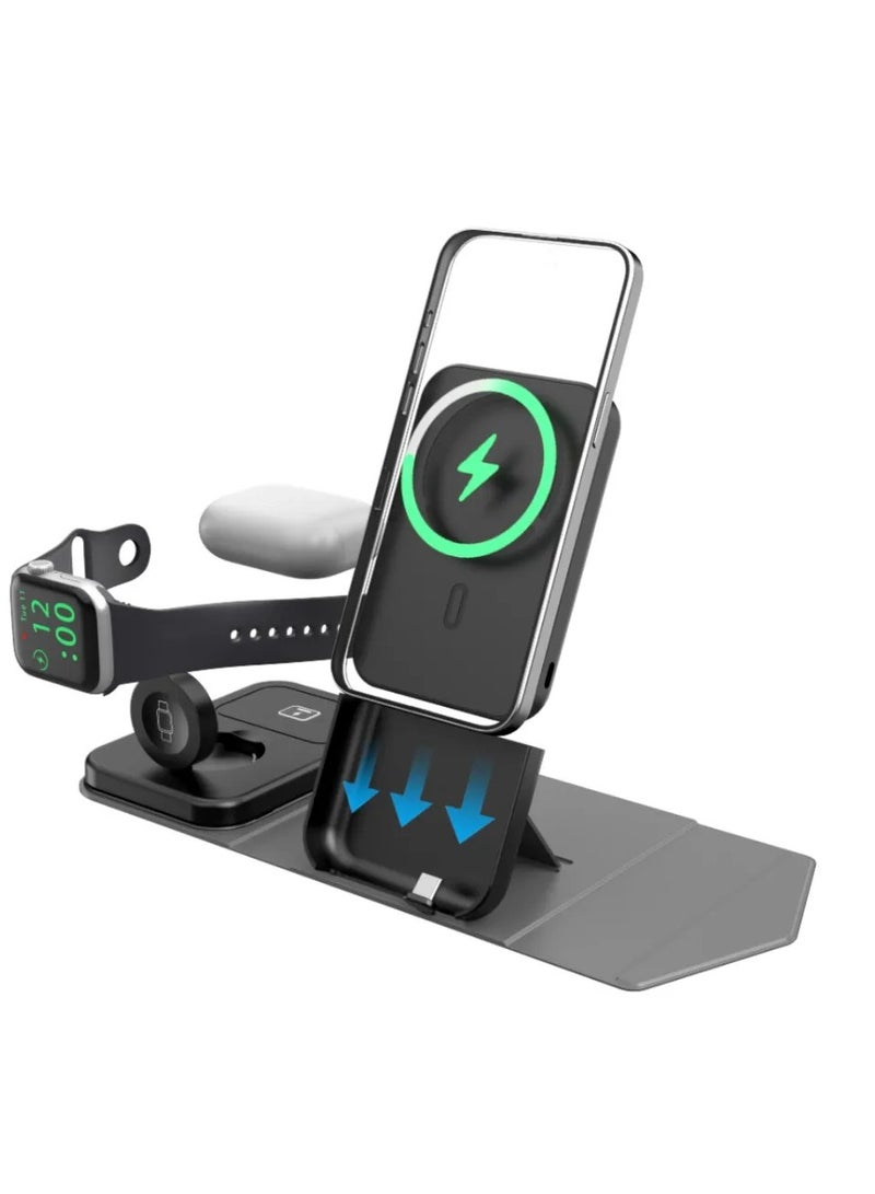 GREEN LION Trio Charge Pro 3 in 1 Wireless Charger with Power Bank 5000mAh PD 20W/ Magnetic MagSafe Wireless / Portable Charger Fast Charging / Qi / Made for Phones, Watch, AirPods / Foldable Design - Grey - Image 1