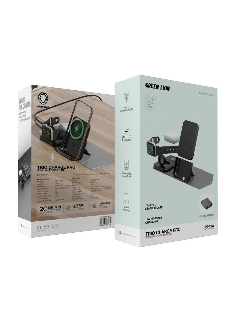 GREEN LION Trio Charge Pro 3 in 1 Wireless Charger with Power Bank 5000mAh PD 20W/ Magnetic MagSafe Wireless / Portable Charger Fast Charging / Qi / Made for Phones, Watch, AirPods / Foldable Design - Grey - Image 5