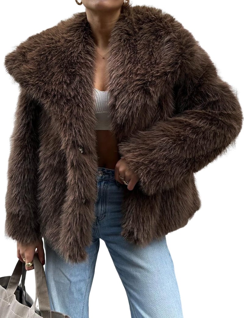 Yimoon Women's Cropped Faux Fur Jacket Lapel Open Front Shaggy Furry Coat 2024 Winter Warm Fluffy Overcoat(Coffee-S) - Image 1