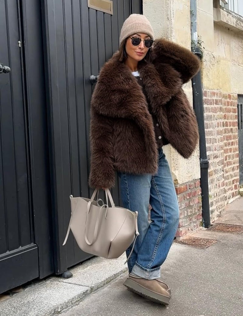Yimoon Women's Cropped Faux Fur Jacket Lapel Open Front Shaggy Furry Coat 2024 Winter Warm Fluffy Overcoat(Coffee-S) - Image 5