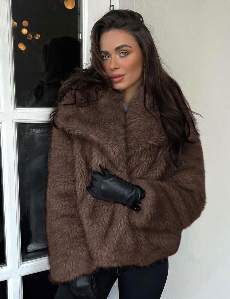 Yimoon Women's Cropped Faux Fur Jacket Lapel Open Front Shaggy Furry Coat 2024 Winter Warm Fluffy Overcoat(Coffee-S) - Image 2