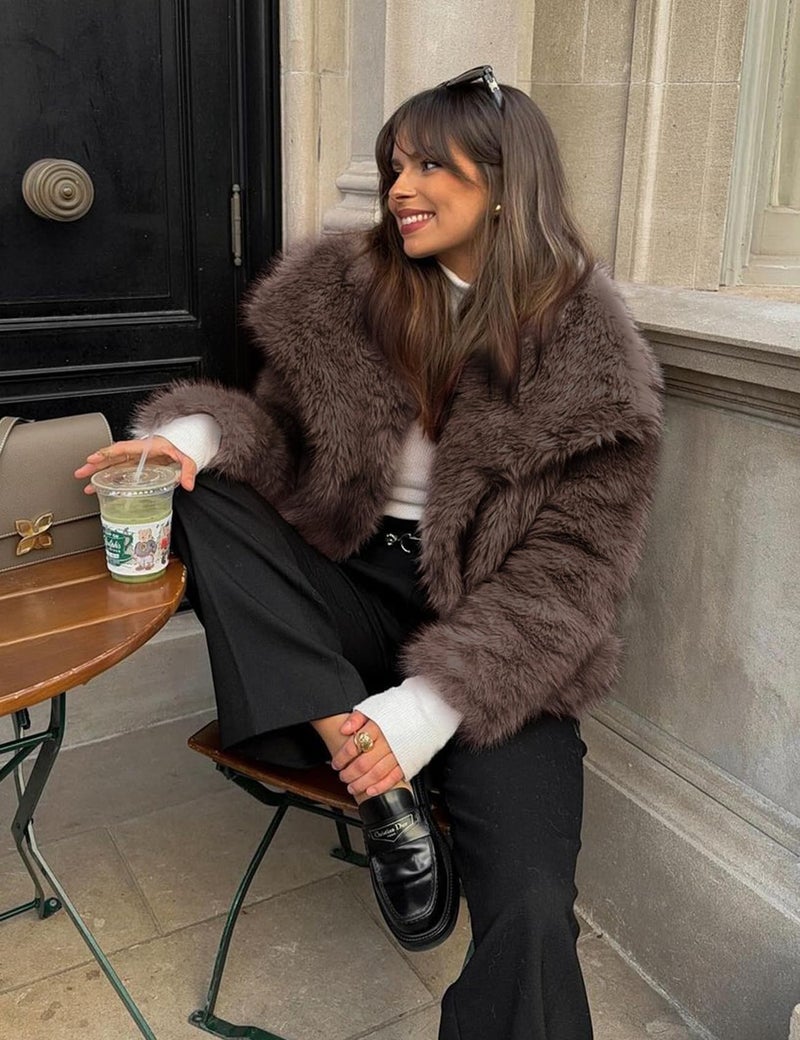 Yimoon Women's Cropped Faux Fur Jacket Lapel Open Front Shaggy Furry Coat 2024 Winter Warm Fluffy Overcoat(Coffee-S) - Image 3