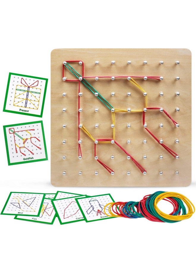 Kizh Wooden Geoboard Math Manipulative Material Graphical Geo Board Montessori Educational Toys Array Block Pattern Cards and Rubber Bands STEM Puzzle Matrix 8x8 Brain Teaser Toys - Image 1