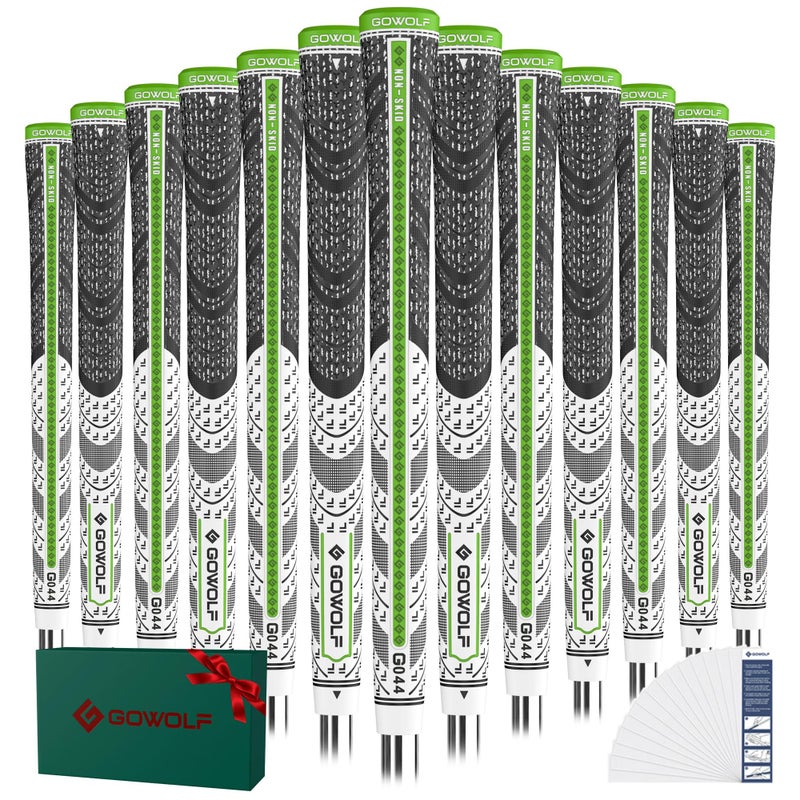 Gowolf Cross Corded Rubber Golf Grips 13 Pack, Back Rib Improved Control Multi-compound Hybrid Golf Club Grips, with Free 15 Tapes (Green-White, Midsize) - Image 1