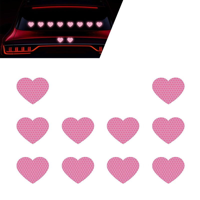 Foelony 10 PCS Car High Reflective Heart Stickers Night Safety Sign Bumper Decor Decals Vinyl Waterproof AntiScratch Grid Love Heart Sticker Universal for Car Truck Helmet Motorcycle Pink - Image 3