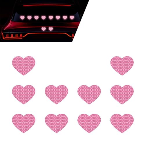 Foelony 10 PCS Car High Reflective Heart Stickers Night Safety Sign Bumper Decor Decals Vinyl Waterproof AntiScratch Grid Love Heart Sticker Universal for Car Truck Helmet Motorcycle Pink - Image 1