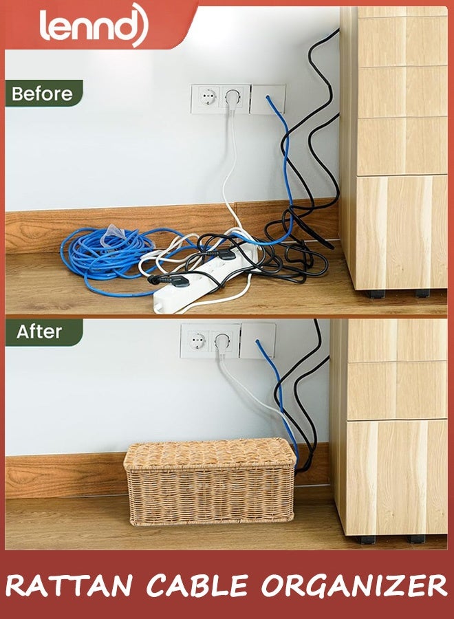 LENND Cable Management Box, Handmade Rattan Cable Organizer, 2 Open Slots Cords Hider Box, Under Desk Cord Organizer for Computer Router USB Hub & Power Strip.  - Image 2