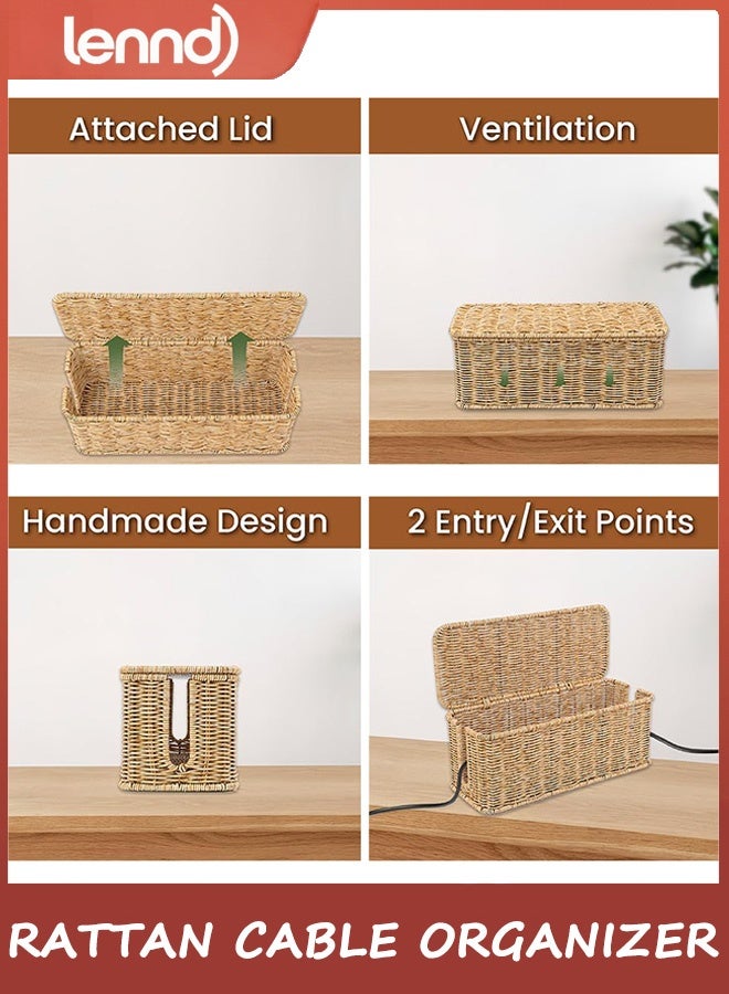 LENND Cable Management Box, Handmade Rattan Cable Organizer, 2 Open Slots Cords Hider Box, Under Desk Cord Organizer for Computer Router USB Hub & Power Strip.  - Image 3