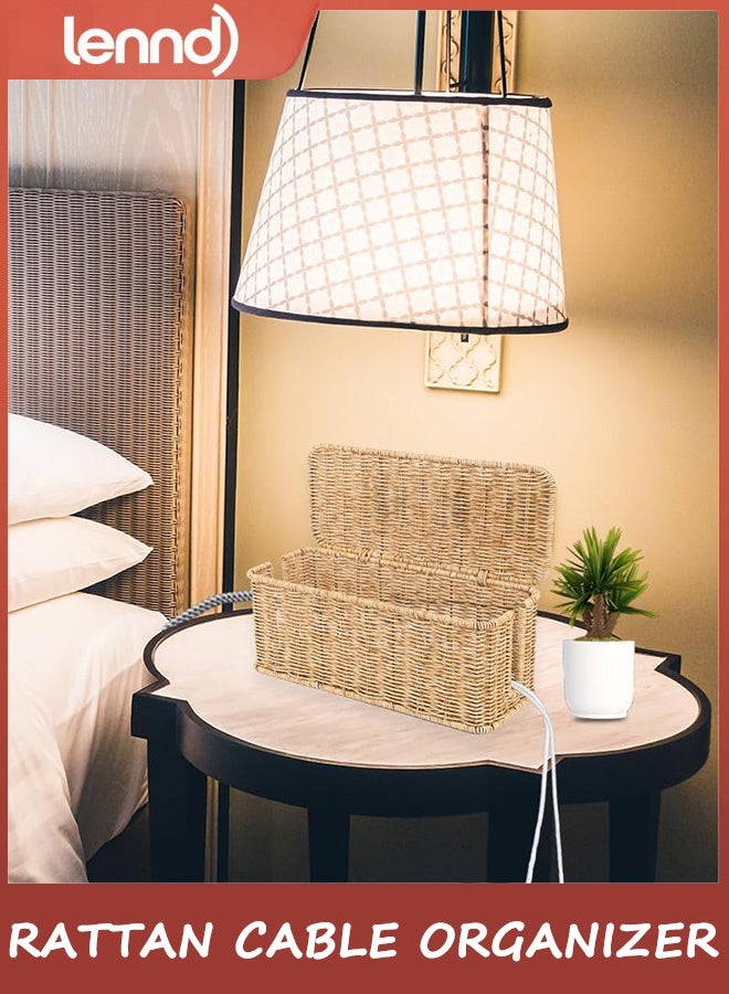 LENND Cable Management Box, Handmade Rattan Cable Organizer, 2 Open Slots Cords Hider Box, Under Desk Cord Organizer for Computer Router USB Hub & Power Strip. - Image 1