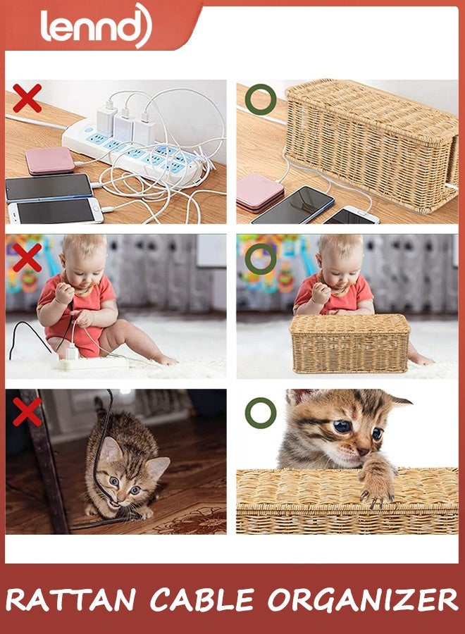 LENND Cable Management Box, Handmade Rattan Cable Organizer, 2 Open Slots Cords Hider Box, Under Desk Cord Organizer for Computer Router USB Hub & Power Strip. - Image 5