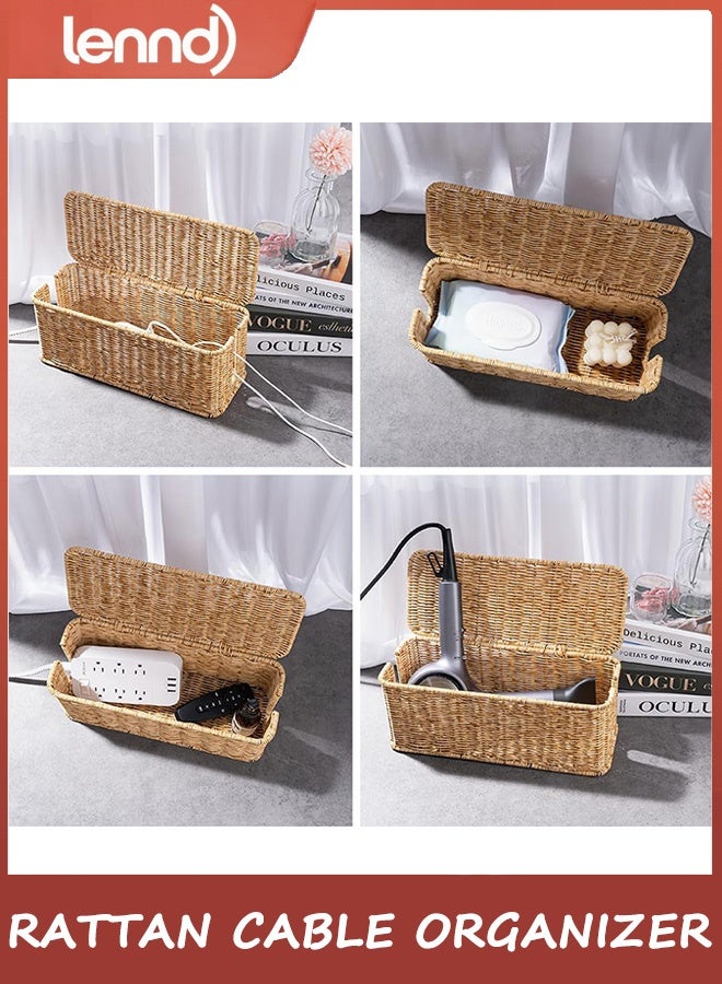 LENND Cable Management Box, Handmade Rattan Cable Organizer, 2 Open Slots Cords Hider Box, Under Desk Cord Organizer for Computer Router USB Hub & Power Strip. - Image 4