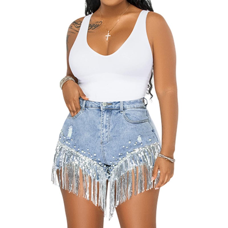 LifeShe Women High Waist Denim Short Bling Tassel Rhinestone Pearl Beaded Summer Frayed Raw Hem Jean Shorts - Image 1