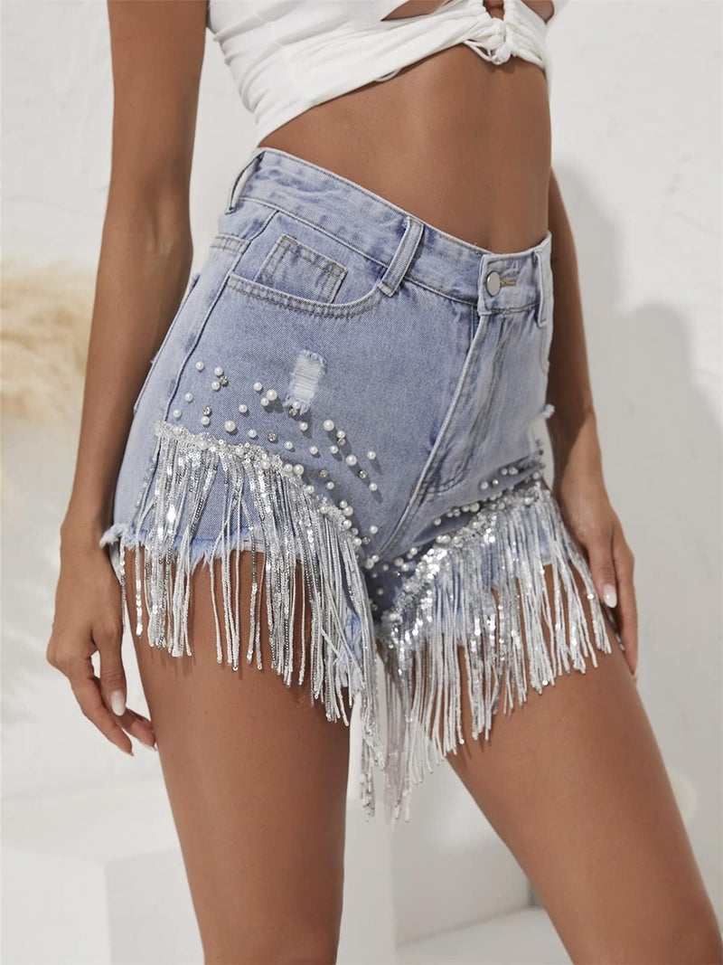 LifeShe Women High Waist Denim Short Bling Tassel Rhinestone Pearl Beaded Summer Frayed Raw Hem Jean Shorts - Image 5