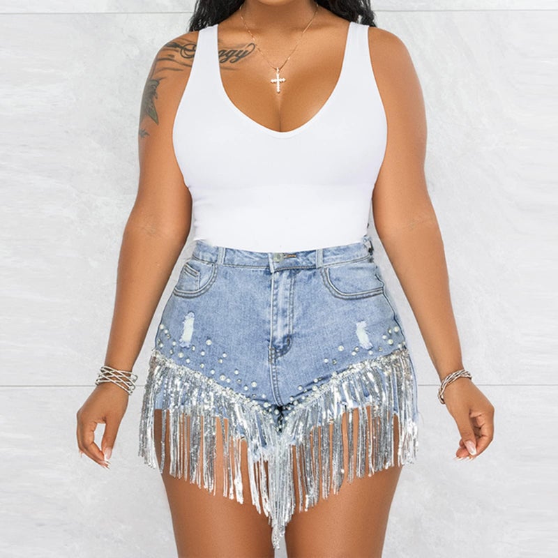 LifeShe Women High Waist Denim Short Bling Tassel Rhinestone Pearl Beaded Summer Frayed Raw Hem Jean Shorts - Image 3