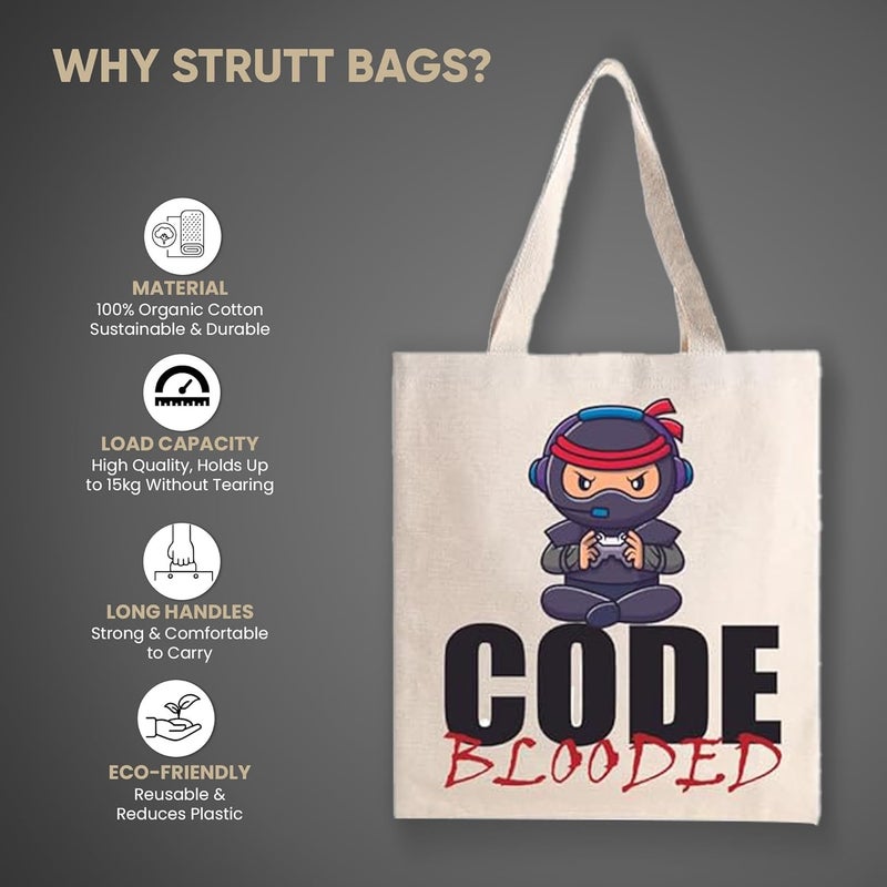 STRUTT Foldable Canvas Tote Bag for Women, Tote Bag for College Girls,100% Organic Cotton Reusable Shopping Bag for Grocery, Eco-Friendly Multi-Purpose Bag for Travel & Daily Use - Code Blooded - Image 2