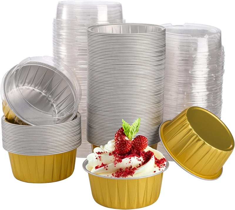 DEAYOU 100 Pieces Aluminum Foil Muffin Cupcake Ramekins, 5oz Cupcake Liners with Lids, 3 Inch Mini Tart Tins Pans Baking Cups Holder for Souffle, Pudding, Parties, Wedding, Gold - Image 1