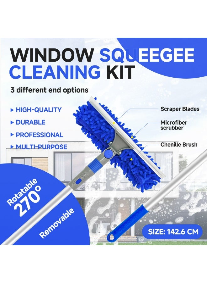 3 in 1 Window Squeegee Cleaner Kit, Telescopic Glass Cleaning Tool, Adjustable Rotating Head with Replaceable Scrubbers, Window Squeegee Cleaner Ideal for Bathroom and High Windows - Image 2
