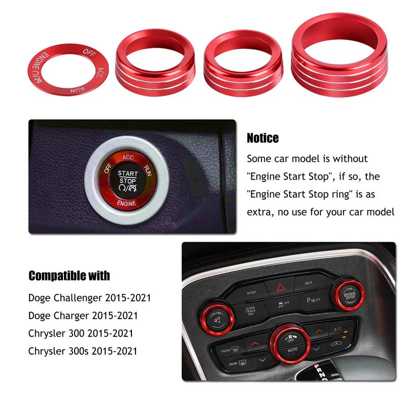 EBAIFUN Red Control Knob Cover Set for Dodge Challenger/Charger/Chrysler 300 (2015-2021) - Image 2