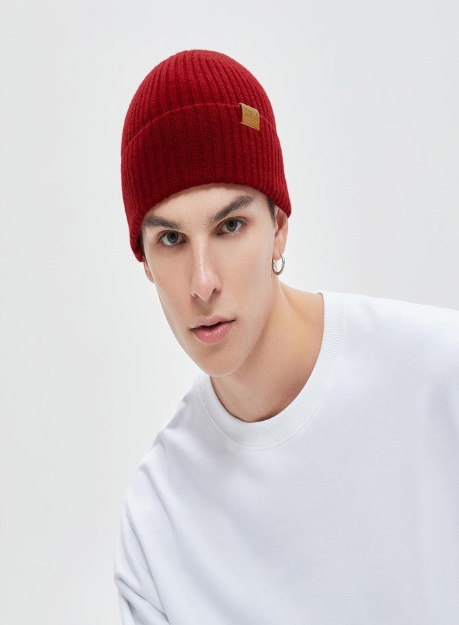 FUQILA 100% Merino Wool Fisherman Beanie Hat, Unisex Warm Winter Hats, Soft Breathable & Cozy Stretchy Knitted Short Cuffed Cap (Deep Red) - Image 4