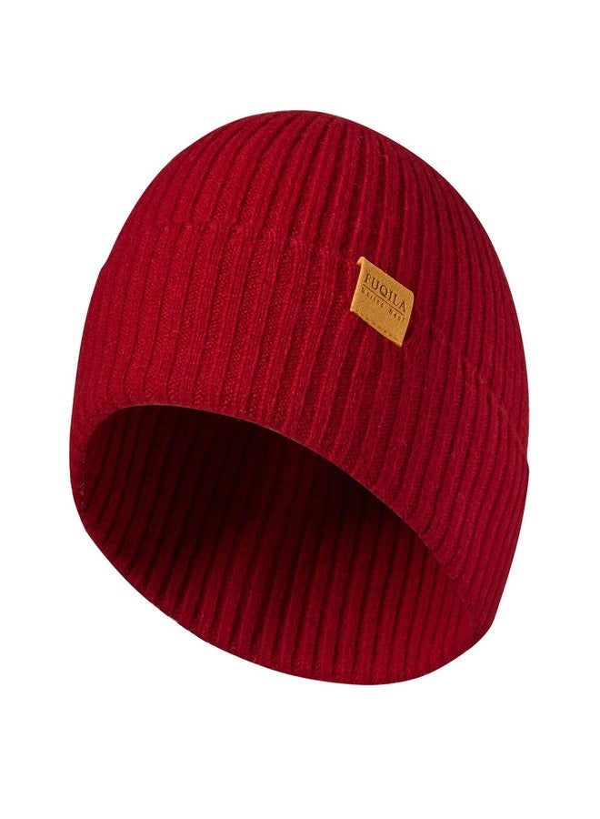 FUQILA 100% Merino Wool Fisherman Beanie Hat, Unisex Warm Winter Hats, Soft Breathable & Cozy Stretchy Knitted Short Cuffed Cap (Deep Red) - Image 1