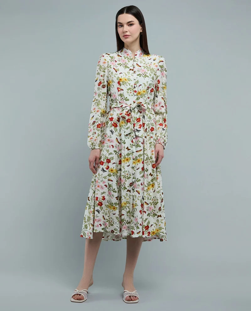 أر أند بي Floral Patterned Midi Dress with Stand Collar and Long Sleeves