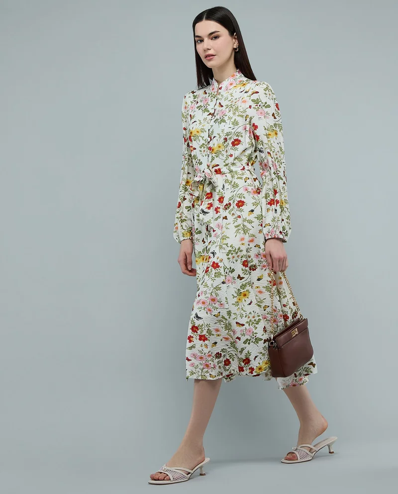 أر أند بي Floral Patterned Midi Dress with Stand Collar and Long Sleeves