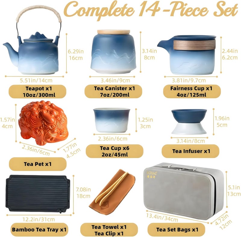 ICHAG Chinese Tea Set, Japanese Tea Sets for Adults, 15-Piece Porcelain Gongfu Tea Set with Tea Pet & Tea Tray, Japanese Teapot Set, Travel Tea Party Set, for Home/Office/Outdoor/Gifts (Blue) - Image 4