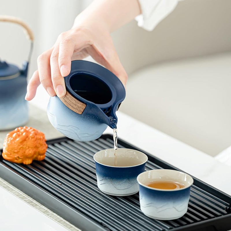 ICHAG Chinese Tea Set, Japanese Tea Sets for Adults, 15-Piece Porcelain Gongfu Tea Set with Tea Pet & Tea Tray, Japanese Teapot Set, Travel Tea Party Set, for Home/Office/Outdoor/Gifts (Blue) - Image 3