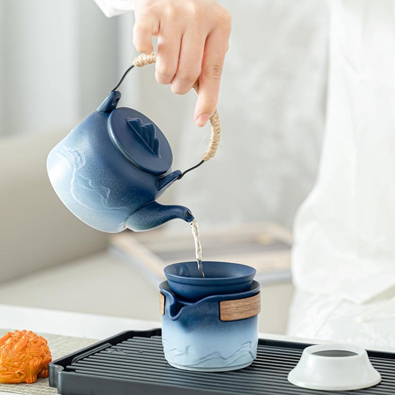 ICHAG Chinese Tea Set, Japanese Tea Sets for Adults, 15-Piece Porcelain Gongfu Tea Set with Tea Pet & Tea Tray, Japanese Teapot Set, Travel Tea Party Set, for Home/Office/Outdoor/Gifts (Blue) - Image 2