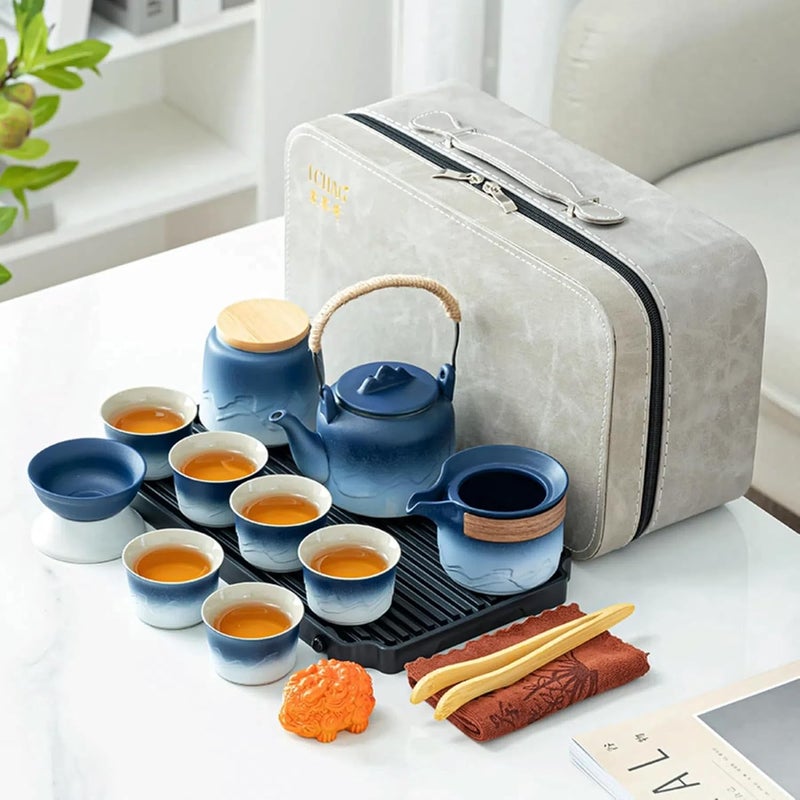 ICHAG Chinese Tea Set, Japanese Tea Sets for Adults, 15-Piece Porcelain Gongfu Tea Set with Tea Pet & Tea Tray, Japanese Teapot Set, Travel Tea Party Set, for Home/Office/Outdoor/Gifts (Blue) - Image 1