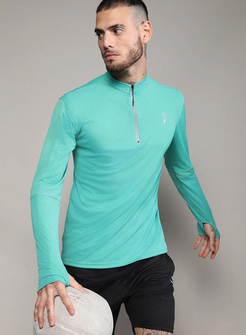 Campus Sutra Men's Mint Green Basic Activewear T-Shirt For Casual Wear | Mock Neck | Long Sleeve | Half-Zipper Closure | Polyester Jersey T-Shirt Crafted With Comfort Fit For Everyday Wear