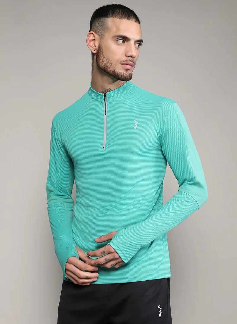 Campus Sutra Men's Mint Green Basic Activewear T-Shirt For Casual Wear | Mock Neck | Long Sleeve | Half-Zipper Closure | Polyester Jersey T-Shirt Crafted With Comfort Fit For Everyday Wear