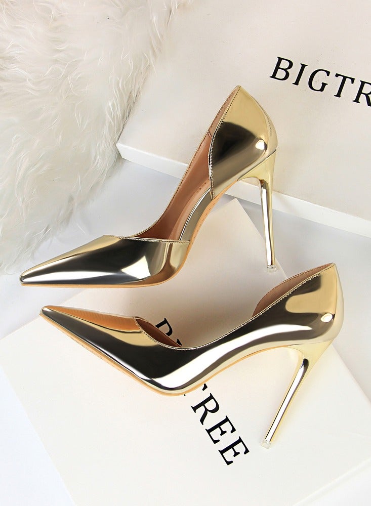 BIGTREE Women's Bright Fashionable Stiletto Pumps 10.5 cm Elegant Gorgeous Closed Pointed Toe Slip On Solid High Heels Gold - Image 3