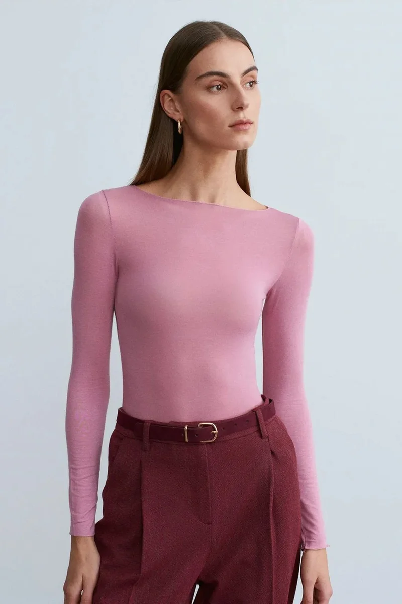 Dilvin Dusty Rose Pink DILVIN Slim Fit Boat Neck Long Sleeve Knit Blouse for Women | Best Price UAE