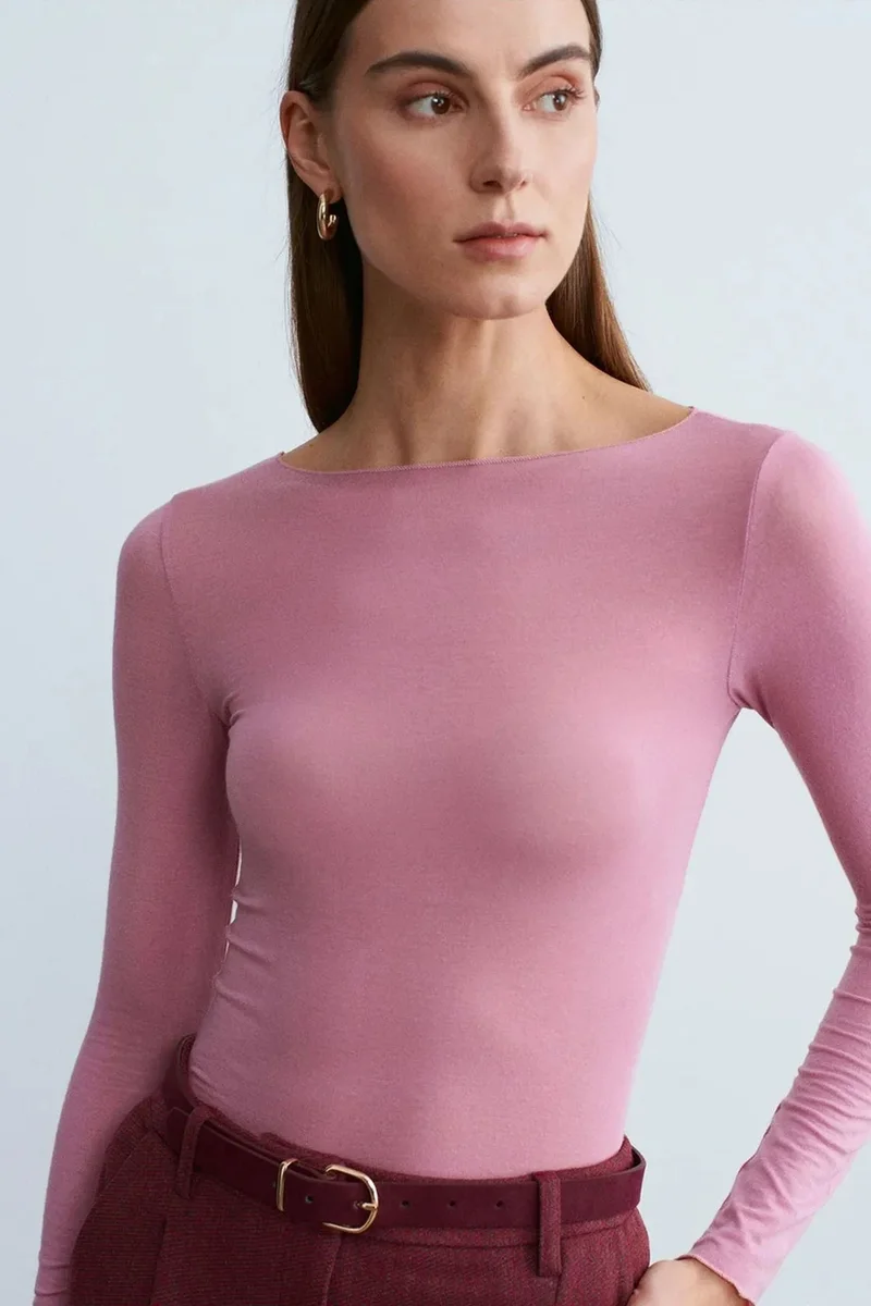 DILVIN Slim Fit Boat Neck Long Sleeve Knit Blouse