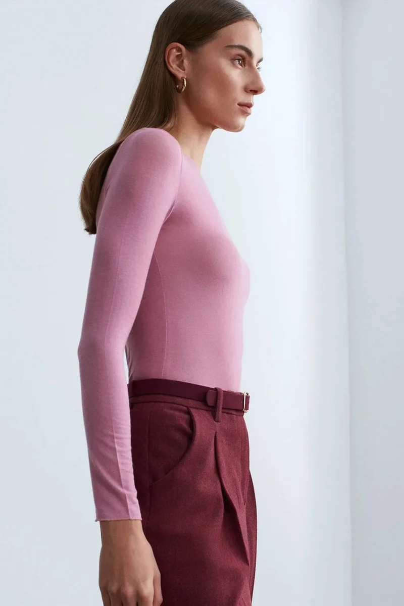 Dilvin Dusty Rose Pink DILVIN Slim Fit Boat Neck Long Sleeve Knit Blouse for Women | Best Price UAE
