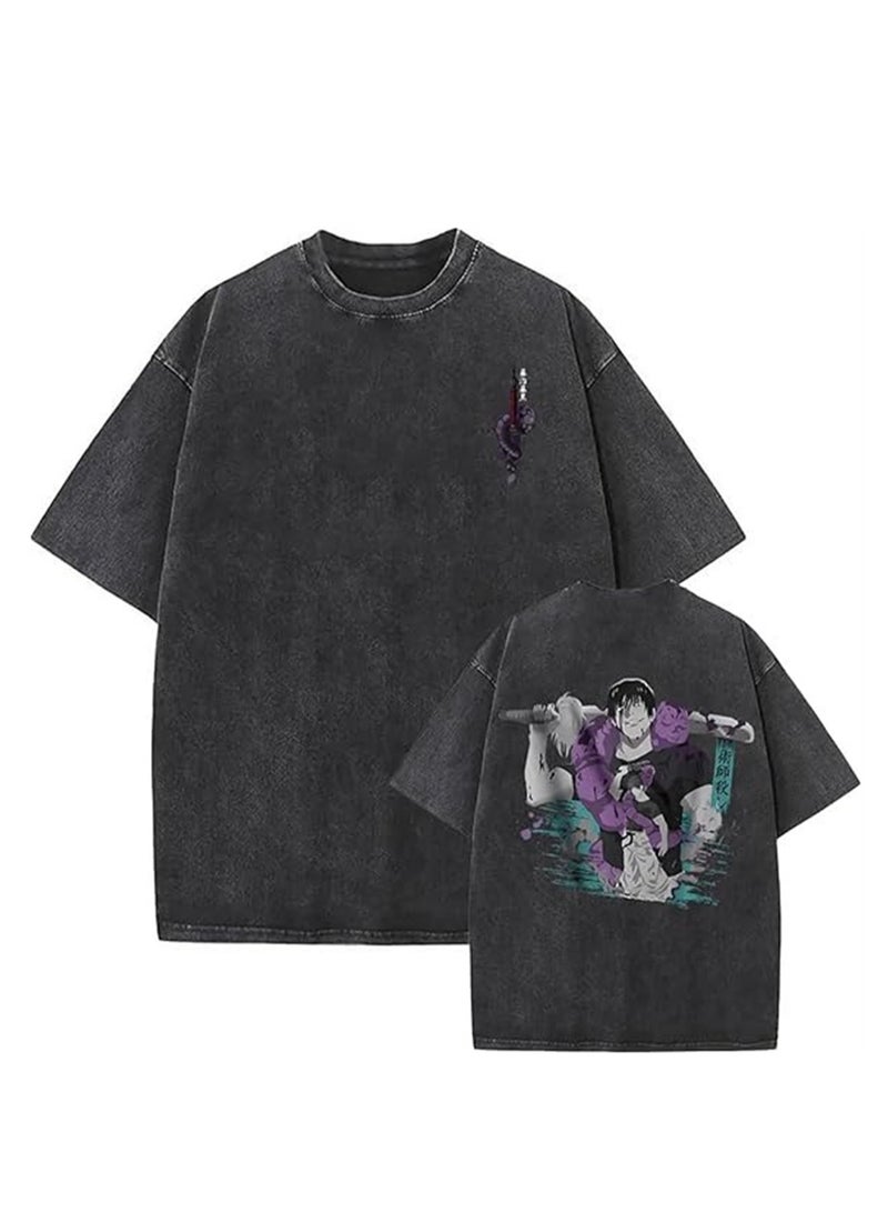 Washed retro T-shirt street hip hop anime Jujutsu Kaisen casual cotton summer short sleeves - Image 1