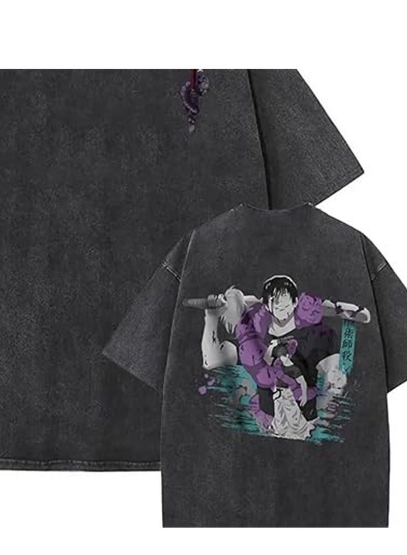 Washed retro T-shirt street hip hop anime Jujutsu Kaisen casual cotton summer short sleeves - Image 4