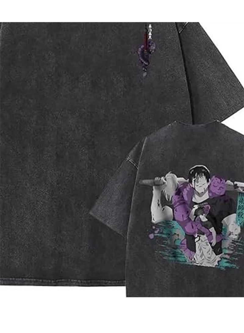 Washed retro T-shirt street hip hop anime Jujutsu Kaisen casual cotton summer short sleeves - Image 3