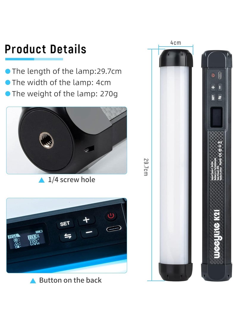 Weeylite عصا إضاءة فيديو LED محمولة من Weeylite K21 RGB، عصا إضاءة للتصوير الفوتوغرافي مع مغناطيس وتعتيم اللون 2500K-8500K بطارية مدمجة قابلة لإعادة الشحن وحامل تحكم في التطبيق - Image 2