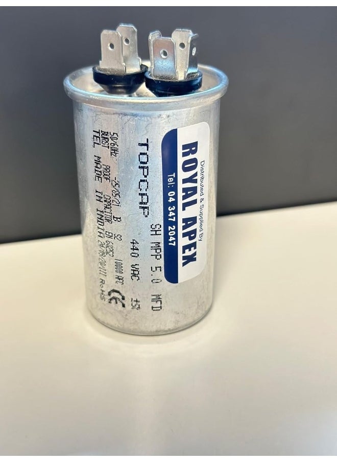 Royal Apex Burst Proof 2 Pin Round Capacitor With Aluminium Housing For Ac, Motor Compressor Etc | En60252 Ces2 Rohs Standards | Made In India (2 Pin 5Mfd (5F))  - Image 1