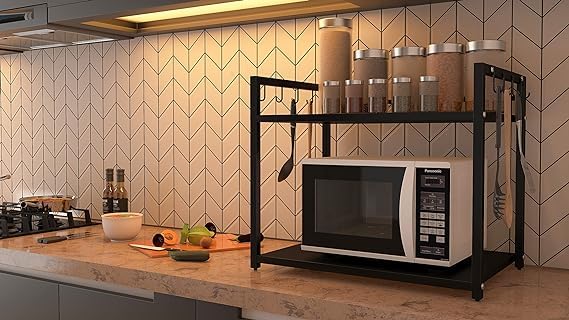 Reom Enterprise Reom Enterprise Metal Microwave Stand Microwave OTG Stand for Kitchen Counter Double Platform for Extra Storage with Hooks Kitchen Oven RackBlack Tiered Shelf  - Image 2
