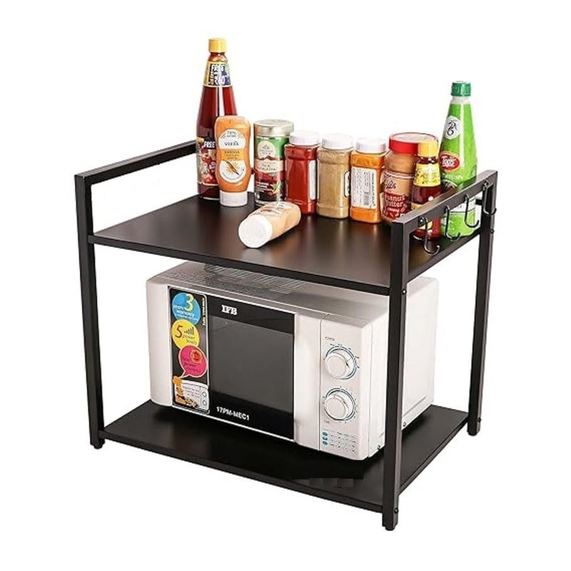 Reom Enterprise Reom Enterprise Metal Microwave Stand Microwave OTG Stand for Kitchen Counter Double Platform for Extra Storage with Hooks Kitchen Oven RackBlack Tiered Shelf  - Image 5