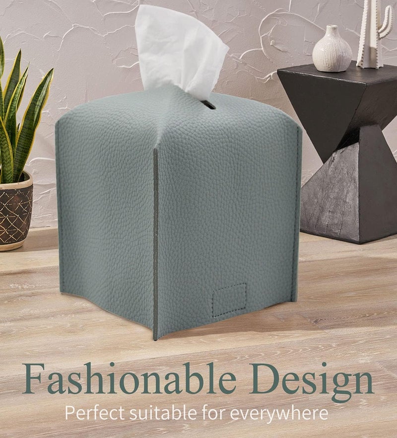 Livelab Tissue Box Cover Holder, Square Modern Decoration PU Leather Facial Tissues Case Roll Paper Dispenser for Bathroom Vanity Countertop, Night Stands, Office Desk Car 5X5X5'' | Water Blue - Image 2