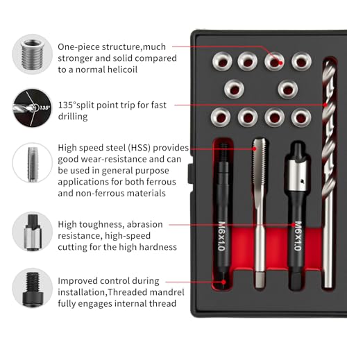 SENNMONN M6X10 Thread Repair Kit with 94mm Insert HSS Drill Tap Installation Driver Counterbore Stainless Steel Insert M6X10X94mmX10 PCS - Image 3