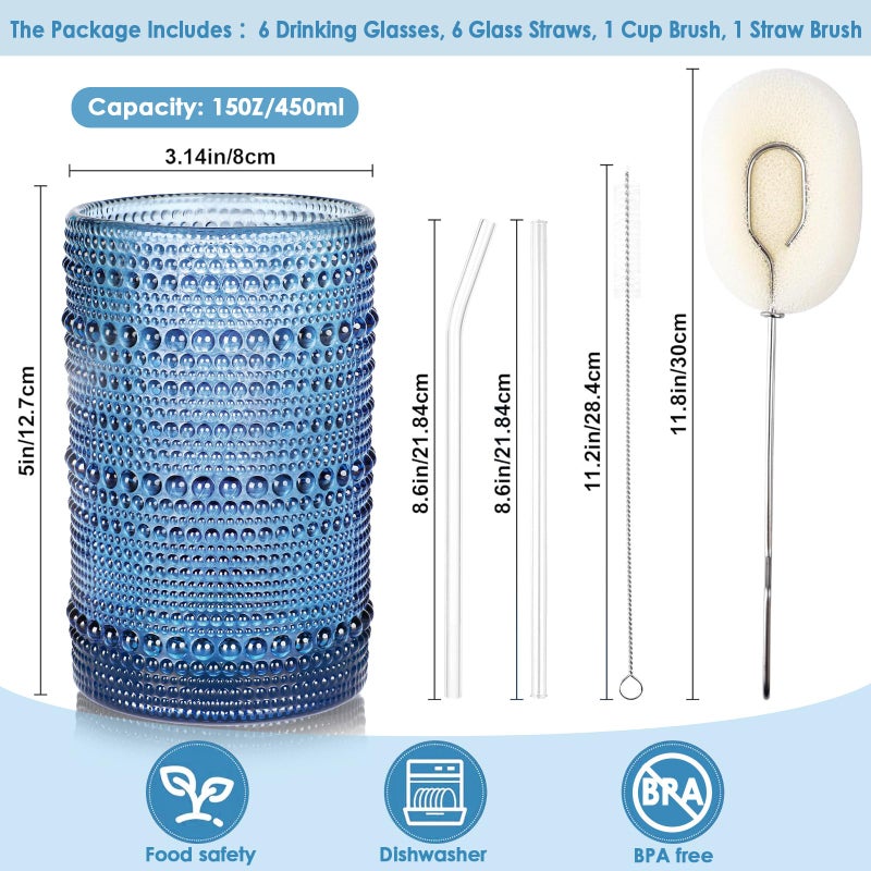 KMIGRUAN Large Hobnail Drinking Glasses Set of 6, 15oz Blue Vintage Glassware, Embossed Glass Cups, Water Tumbler, Highball Glasses For Beer, Juice And Various Mixed Drinks - Image 2