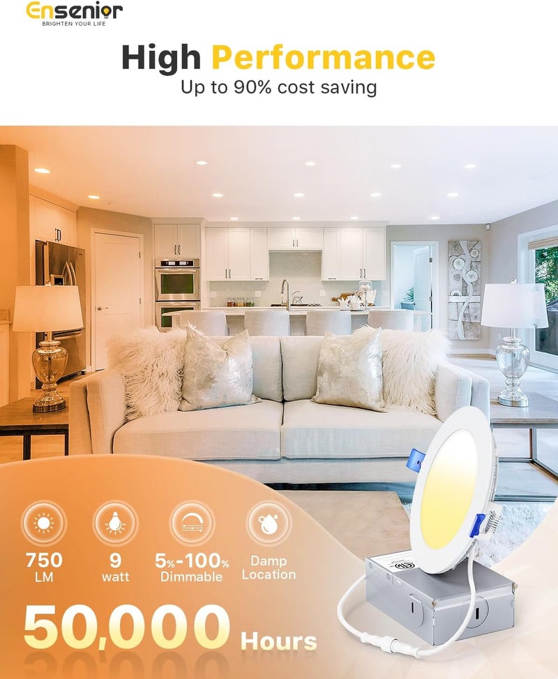 Ensenior 16 Pack 4 Inch LED Recessed Ceiling Light, Dimmable, 2700K-5000K 5CCT, 750LM 9W 120V, High Brightness Canless Wafer Downlight - ETL&FCC&IC - Image 4