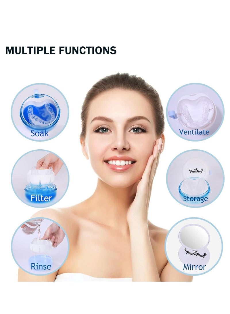 Joyelink Denture Case, Denture Dip Case, Perfect for Travelling, Denture Organiser with Filter and Magnetic Mirror (Blue and White)  - Image 2
