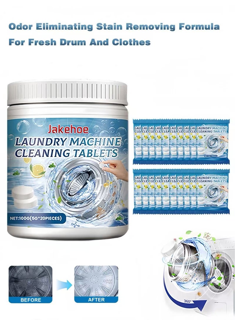Jakehoe 20 قرصًا لتنظيف الغسالات، أقراص تنظيف عميق، متوافقة مع الغسالات عالية الأداء والتحميل العلوي والأمامي، تنظيف عميق - تزيل البقايا وتعادل الروائح - Image 1