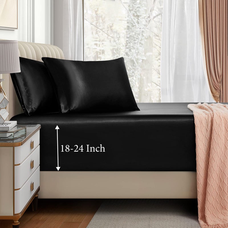 VACVELT 3pcs Extra Deep Pocket Satin Fitted Sheet Set Queen Bed Set Black Bottom Sheet Fit 1824 Inch Deep Pocket Mattress Silky Bedding Set Soft  Ultra Deep Fitted Sheet  2 Pillowcase